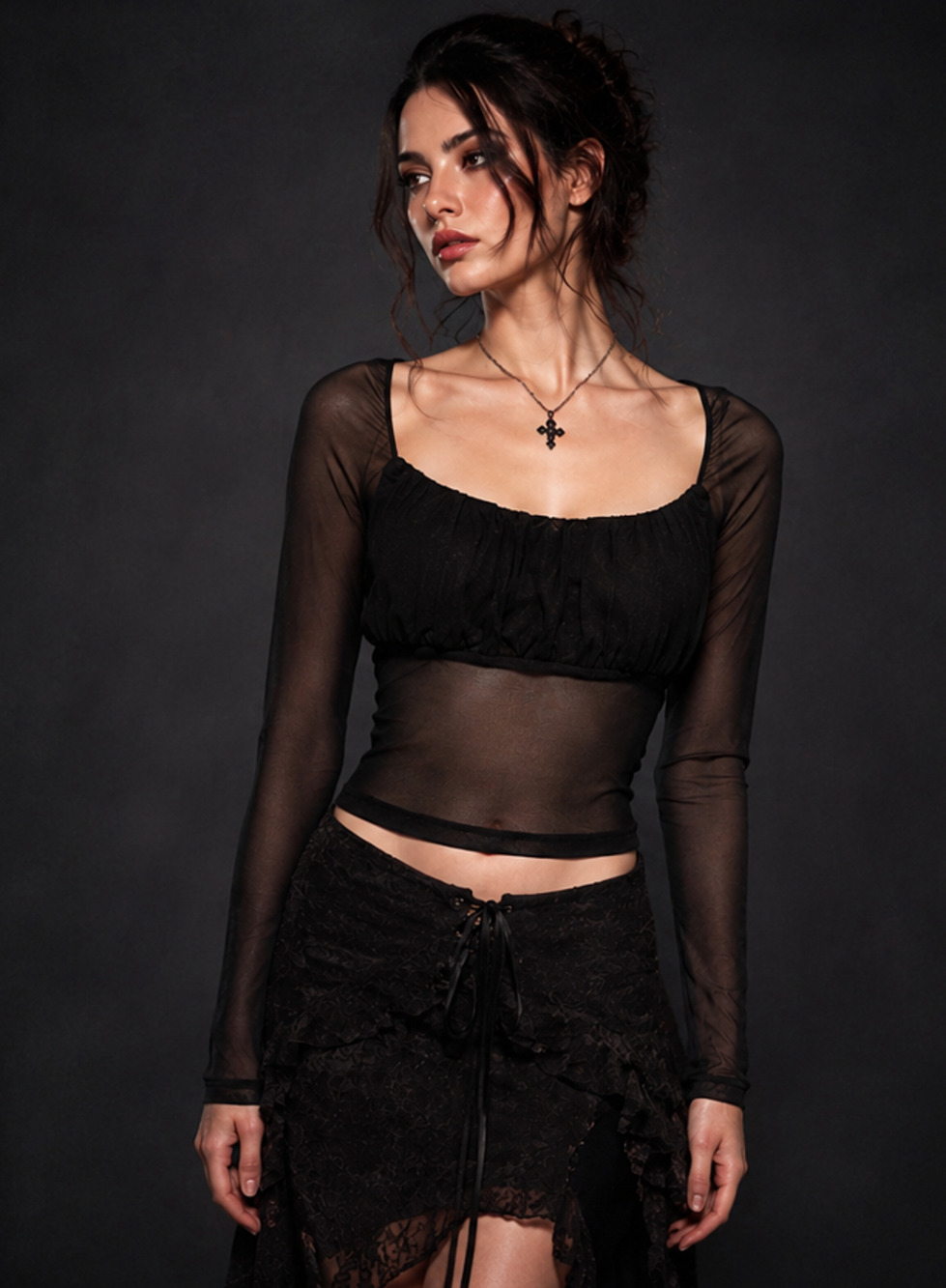 Urban Outfitters Black Sheer Mesh Ruched Square Neck Long Slv Top Sz M Y2K Goth